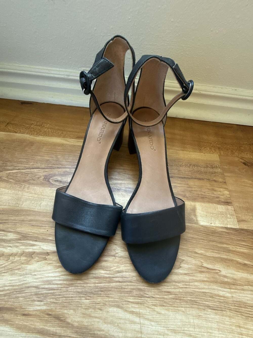 Bernardo Black Leather Ankle Strap Block Heel Sandals